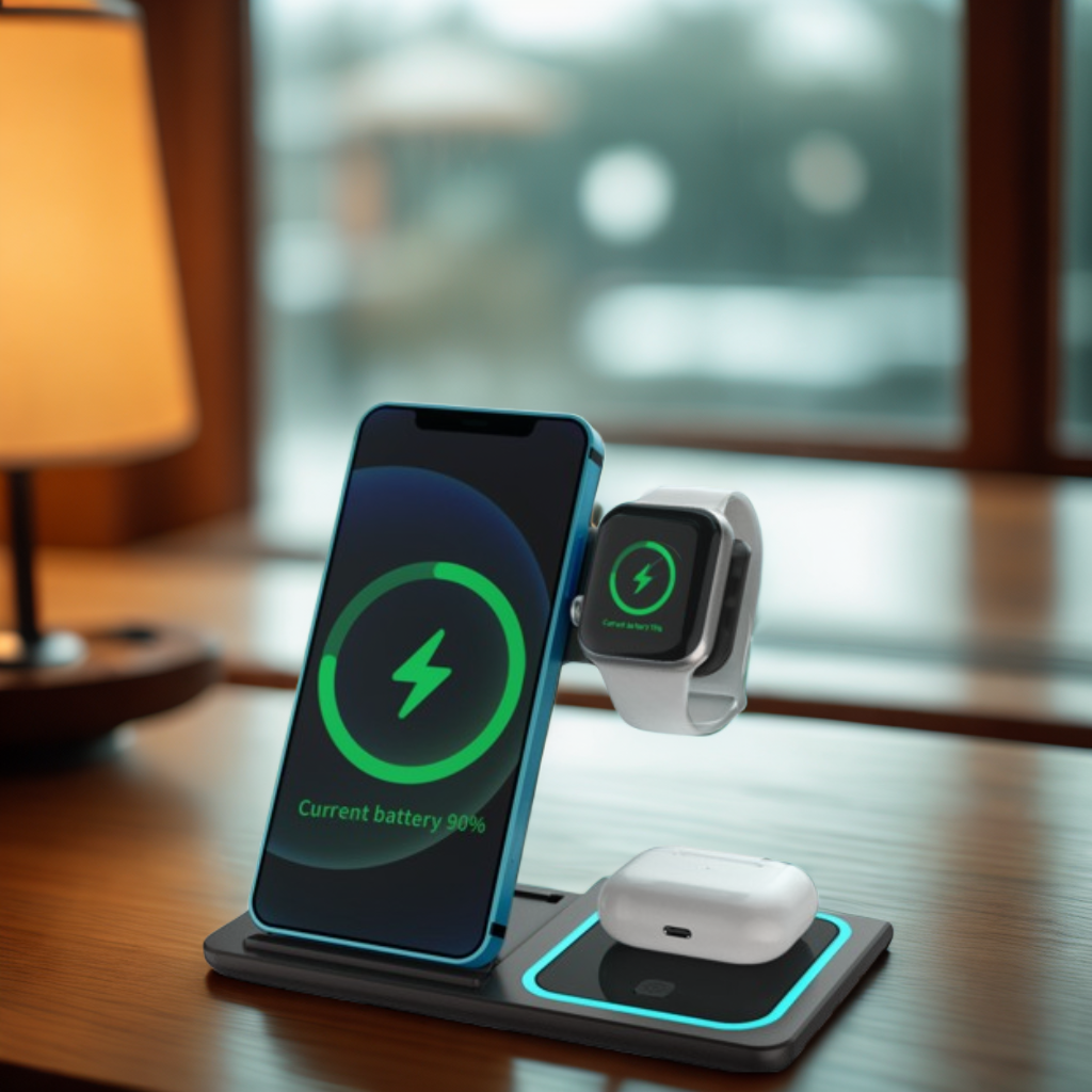 Three-in-one Wireless Charger Electrical Foldable Double Wire Ambience Light Mobile Phone Wireless Charger Wireless Charger